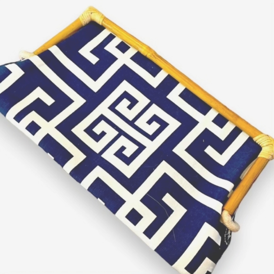 Donna Dixon Bag, Clutch Bamboo Handle, Navy White Interior, Fabric, Vintage
